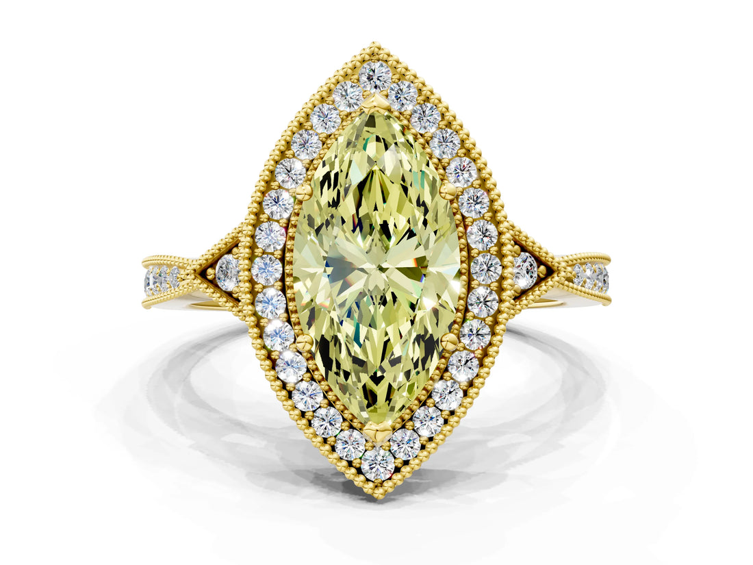 Yellow gold Fancy Yellow Marquise  Halo Round Diamond Milgrain Pave Engagement Ring_3