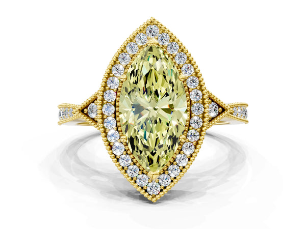 Yellow gold Fancy Yellow Marquise  Halo Round Diamond Milgrain Pave Engagement Ring