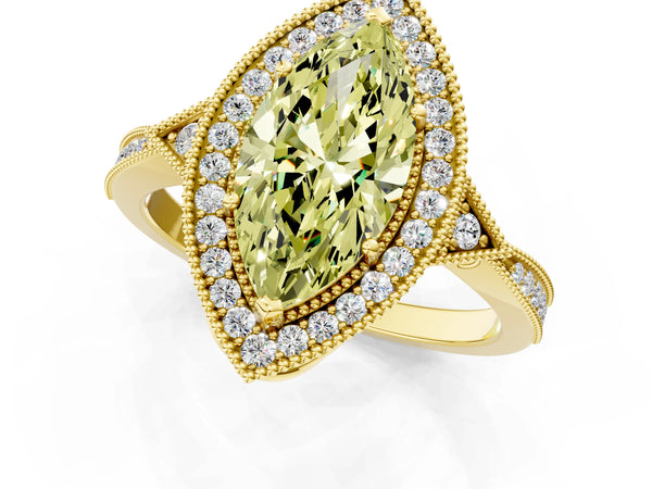 Yellow gold Fancy Yellow Marquise  Halo Round Diamond Milgrain Pave Engagement Ring