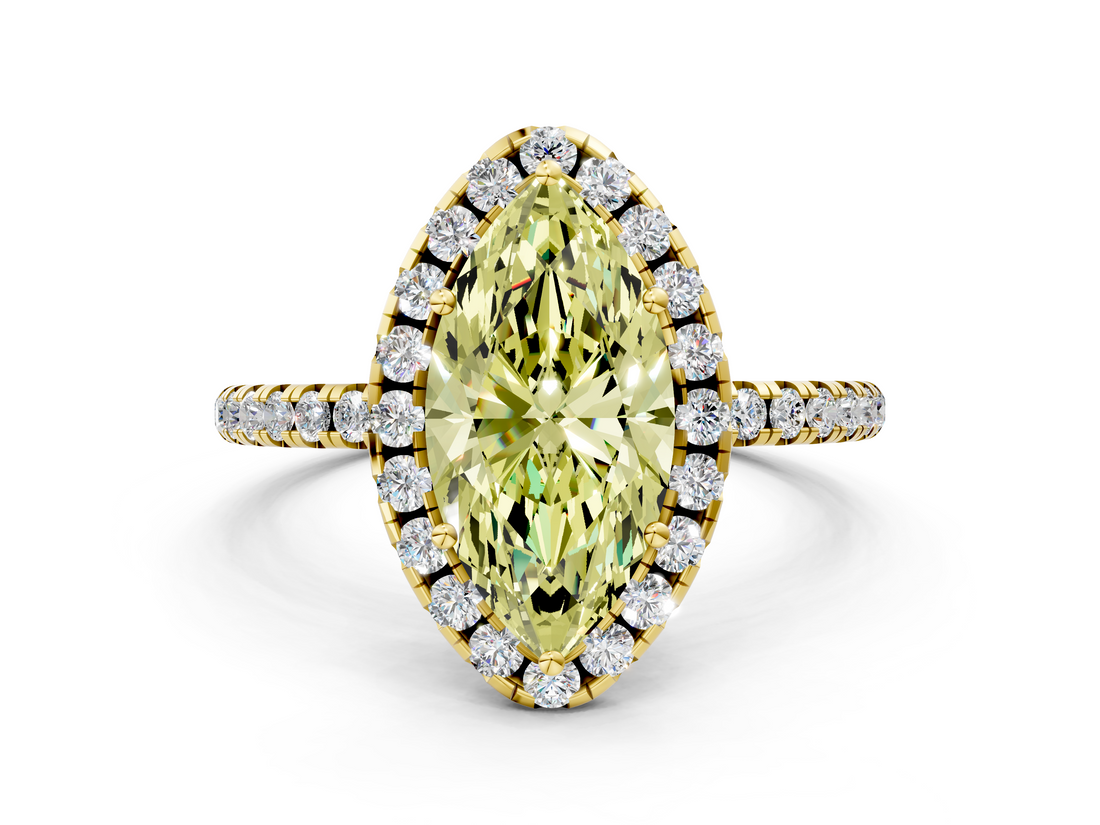 Yellow gold Fancy Yellow Marquise  Halo Round Diamond Pavé Band Four-Prong Ring_3