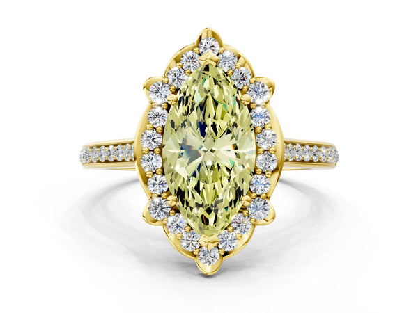 Yellow gold Fancy Yellow Marquise  Halo Round Diamond Pave Band with Four-Prong Setting