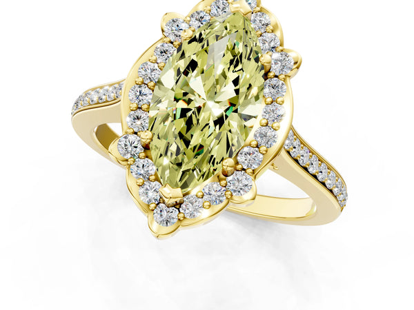 Yellow gold Fancy Yellow Marquise  Halo Round Diamond Pave Band with Four-Prong Setting