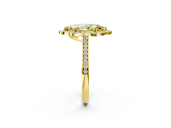 Yellow gold Fancy Yellow Marquise  Halo Round Diamond Pave Band with Four-Prong Setting