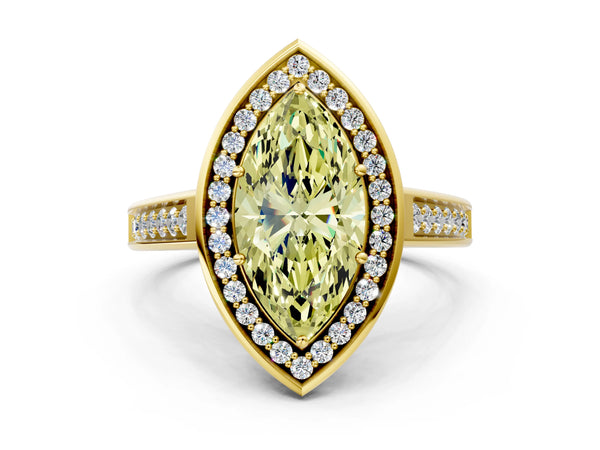 Yellow gold Fancy Yellow Marquise  Halo Solitaire Diamond Ring with Pave Band and Bezel Setting