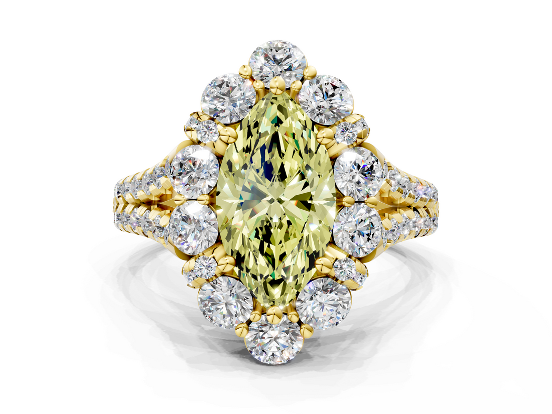 Yellow gold Fancy Yellow Marquise  Halo Split Shank Diamond Engagement Ring with Pave Band and Four-Prong Setting