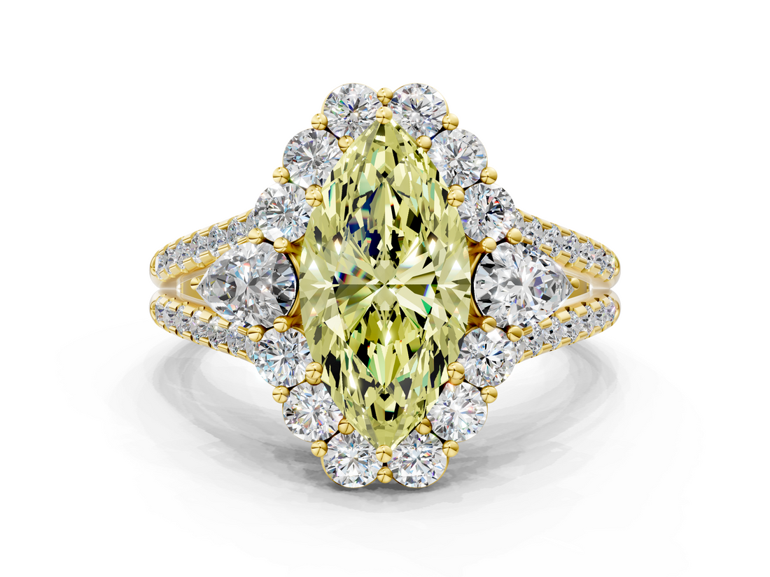 Yellow gold Fancy Yellow Marquise  Halo Split Shank Diamond Engagement Ring with Prong Setting