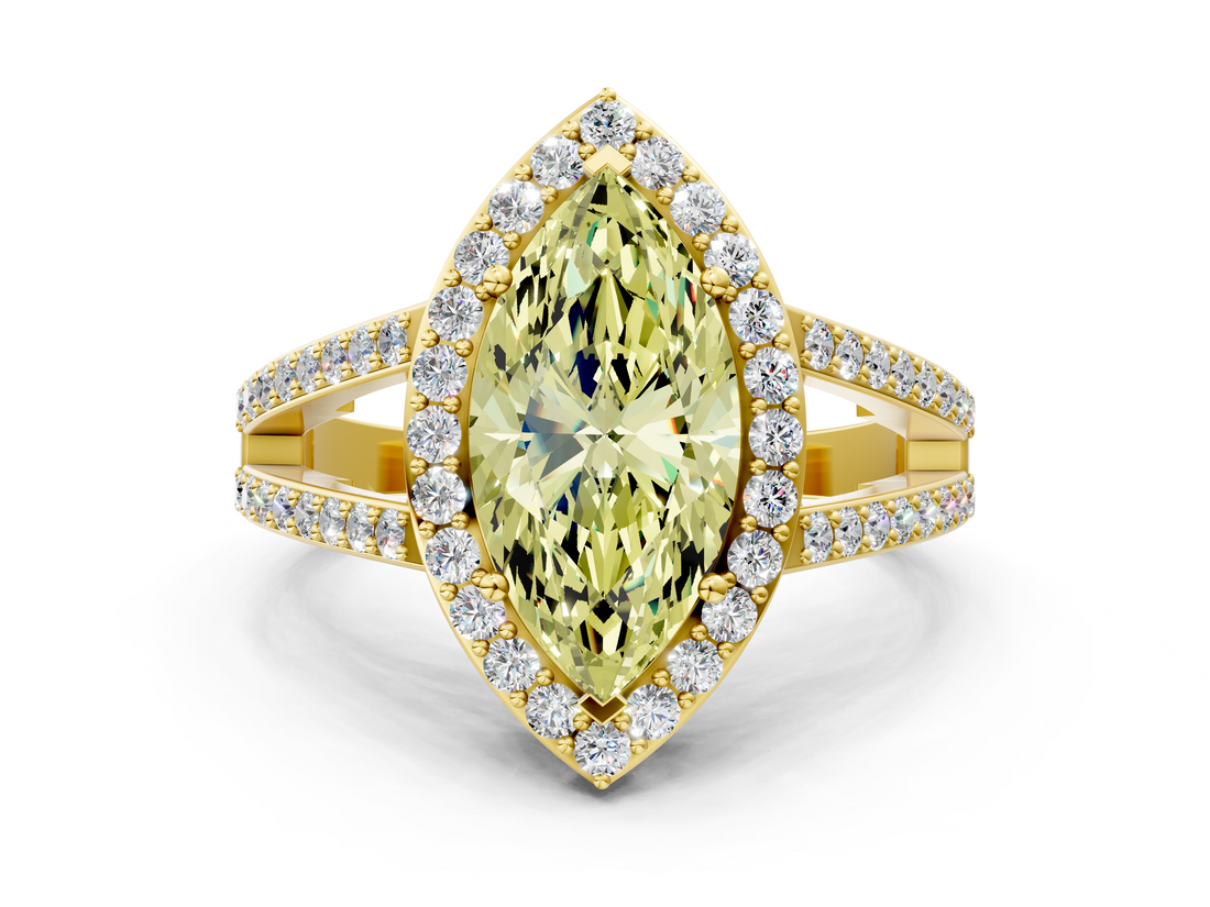 Yellow gold Fancy Yellow Marquise  Halo Split Shank Diamond Ring with Four-Prong Setting
