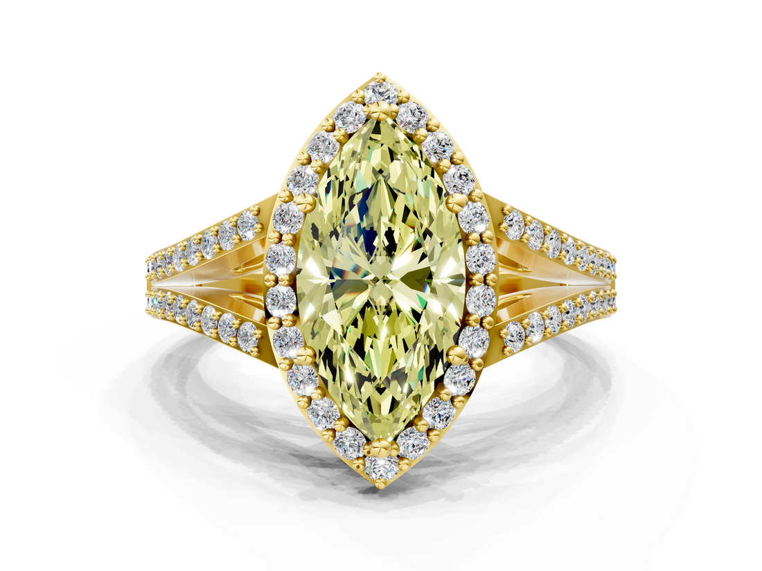Yellow gold Fancy Yellow Marquise  Halo Split Shank Diamond Ring with Prong Setting