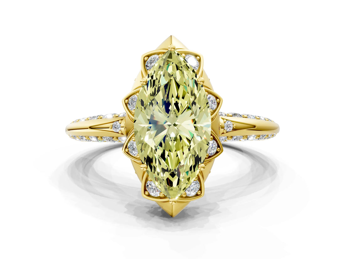 Yellow gold Fancy Yellow Marquise  Halo Split Shank Pave Diamond Ring with Petal Prong Setting_23