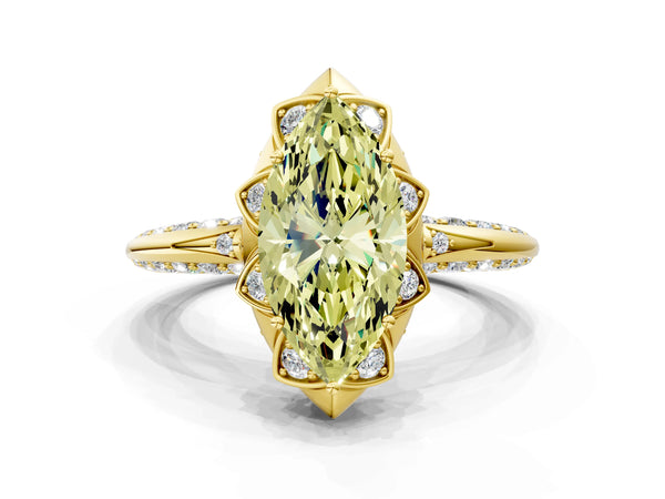 Yellow gold Fancy Yellow Marquise  Halo Split Shank Pave Diamond Ring with Petal Prong Setting