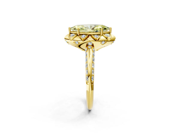 Yellow gold Fancy Yellow Marquise  Halo Split Shank Pave Diamond Ring with Petal Prong Setting