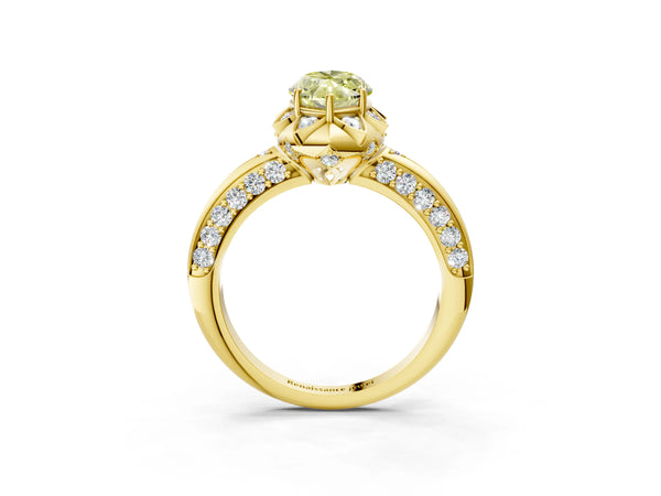 Yellow gold Fancy Yellow Marquise  Halo Split Shank Pave Diamond Ring with Petal Prong Setting