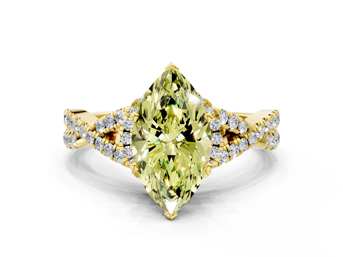 Yellow gold Fancy Yellow Marquise  Halo Twist Band Solitaire Prong Setting Ring