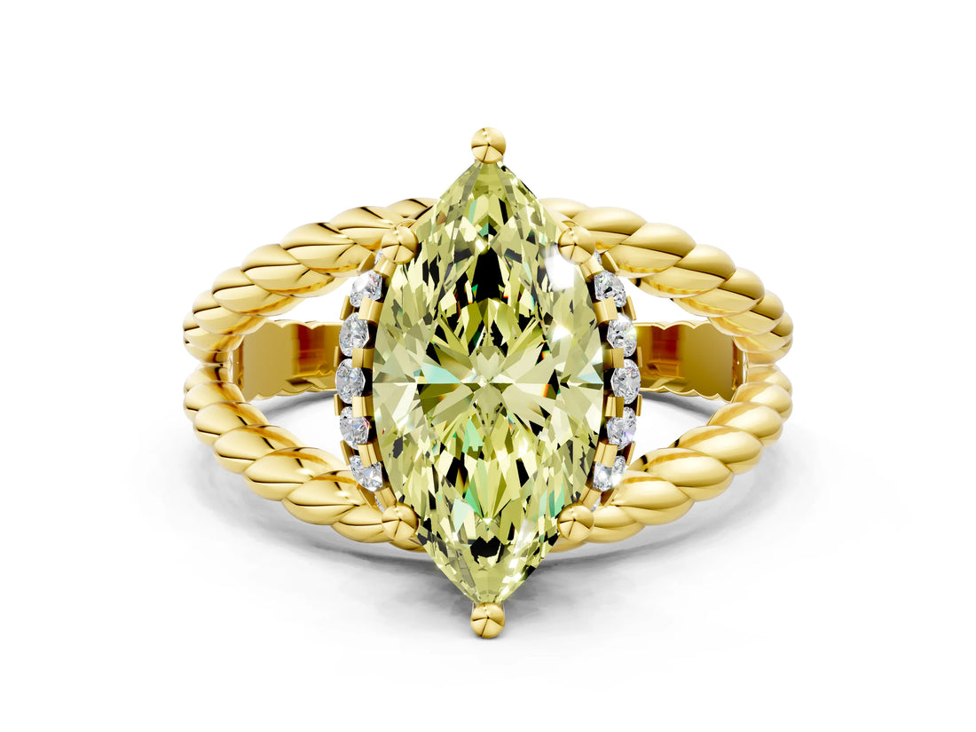 Yellow gold Fancy Yellow Marquise  Halo Twisted Band Four-Prong Ring_44