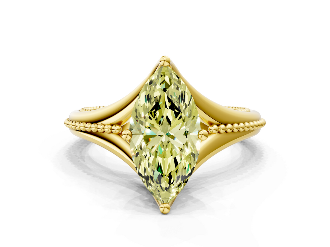 Yellow gold Fancy Yellow Marquise  Solitaire Beaded Band Six-Prong Setting