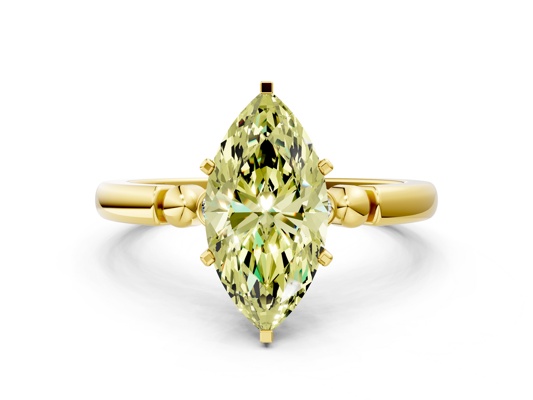 Yellow gold Fancy Yellow Marquise  Solitaire Beaded Band with Four-Prong Setting