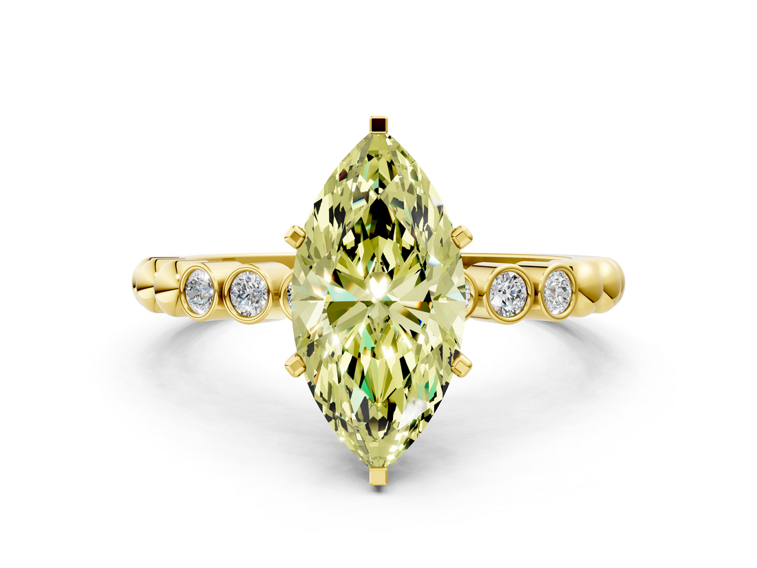 Yellow gold Fancy Yellow Marquise  Solitaire Bezel Accent Diamond Engagement Ring with Beaded Band and Four-Prong Setting
