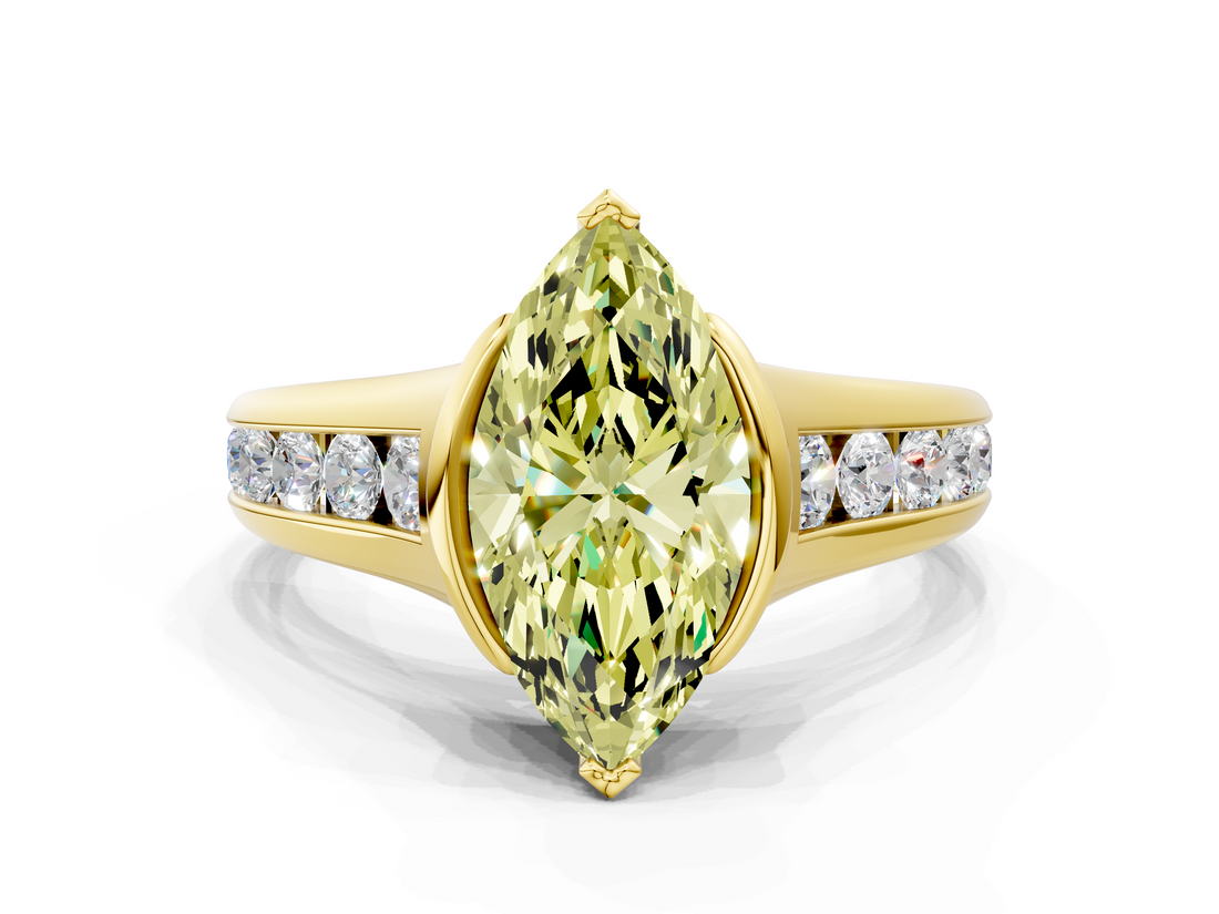 Yellow gold Fancy Yellow Marquise  Solitaire Bezel-Set Diamond Ring with Channel-Set Band
