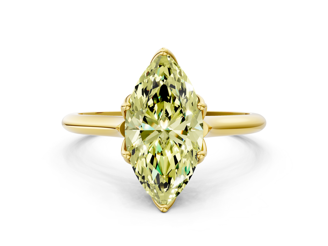 Yellow gold Fancy Yellow Marquise  Solitaire Cathedral Diamond Ring with Six-Prong Setting