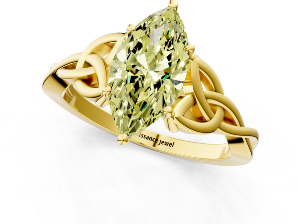 Yellow gold Fancy Yellow Marquise Cut Diamond Solitaire Engagement Ring with Celtic Knot Band and Four-Prong Setting