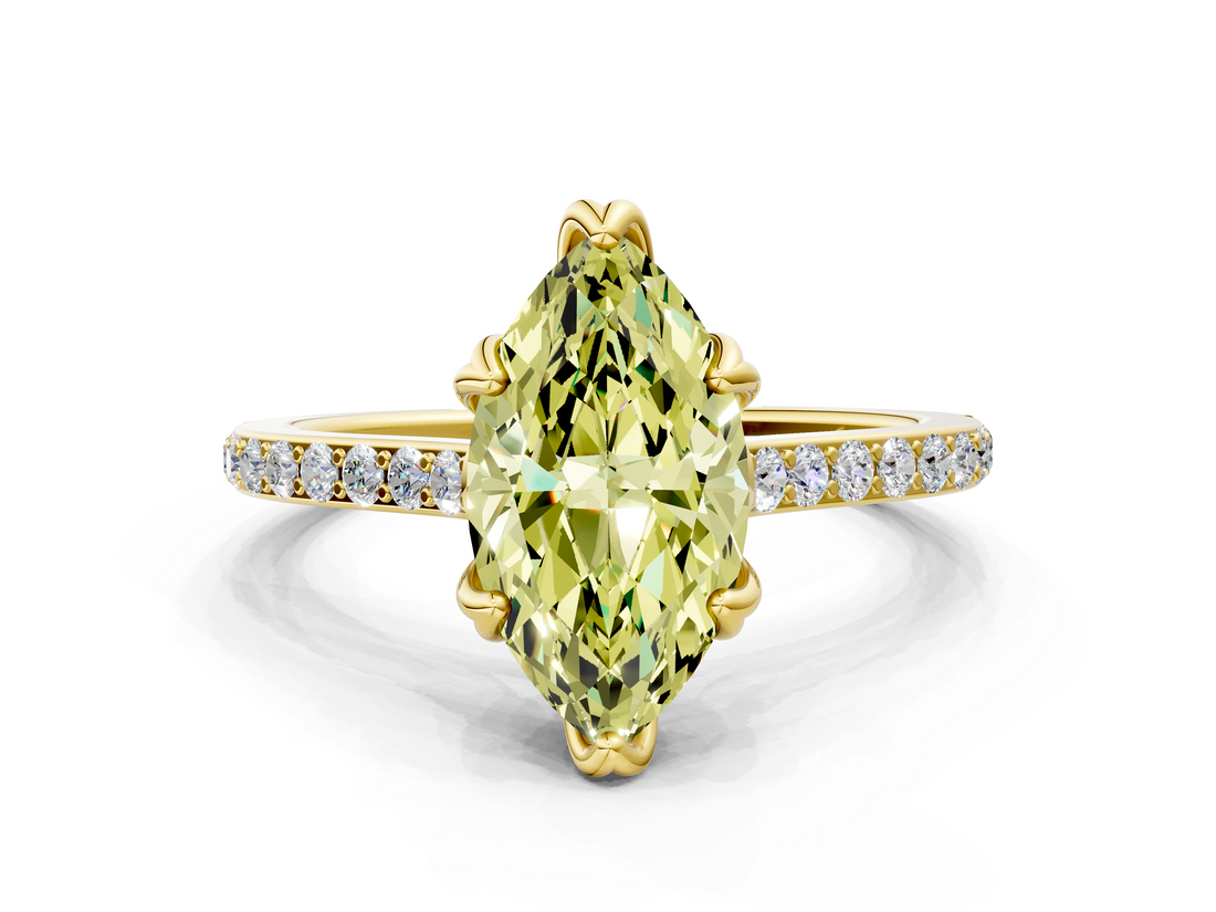 Yellow gold Fancy Yellow Marquise  Solitaire Diamond Engagement Ring with Pave Band and Six-Prong Setting