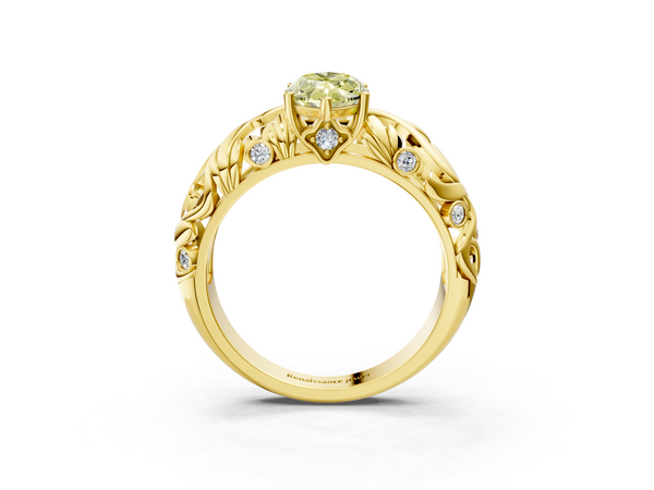Yellow gold Fancy Yellow Marquise Cut Solitaire Diamond Leaf-Inspired Vine Band Ring with Prong Setting