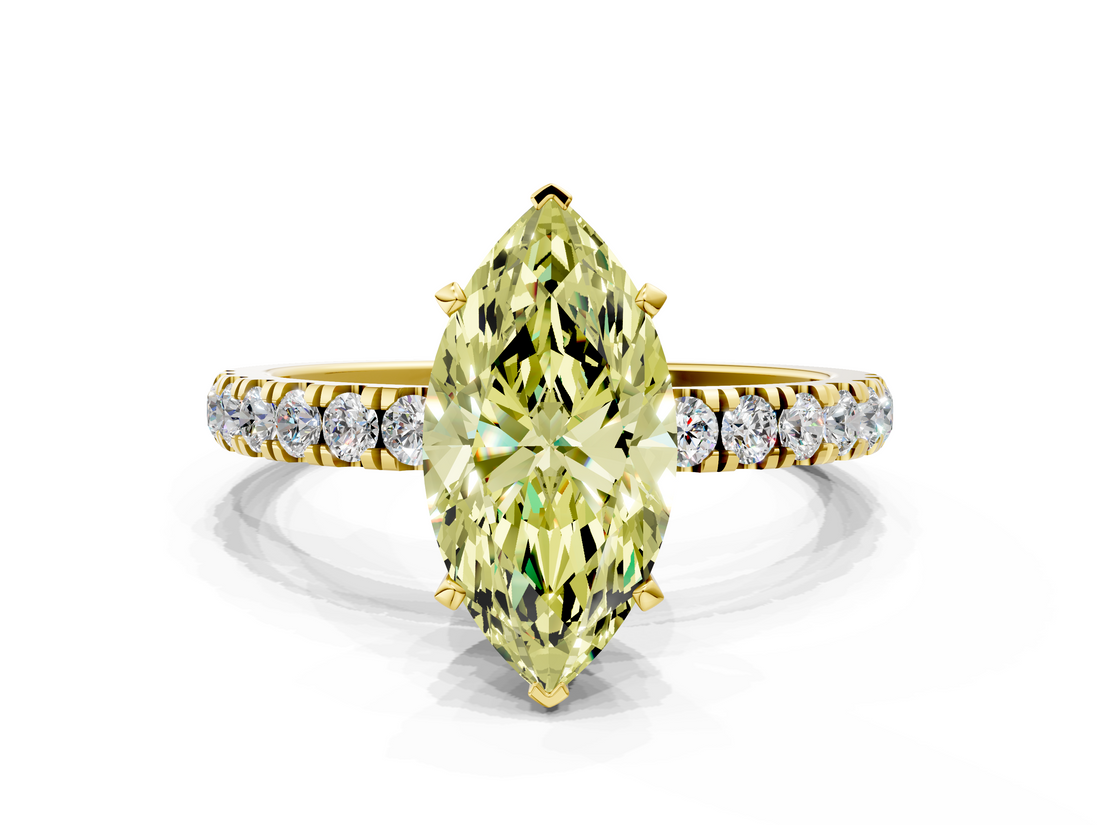 Yellow gold Fancy Yellow Marquise  Solitaire Diamond Pavé Band with Four-Prong Setting