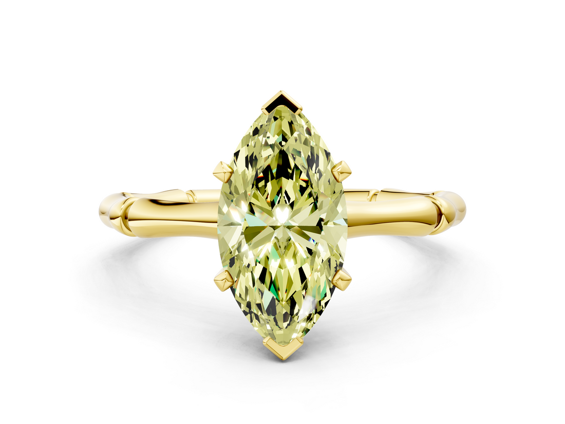 Yellow gold Fancy Yellow Marquise  Solitaire Diamond Ring with Bamboo Band and Four-Prong Setting