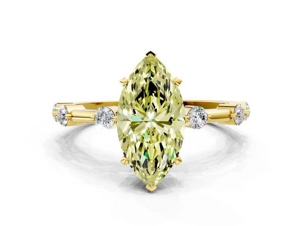 Yellow gold Fancy Yellow Marquise  Solitaire Diamond Ring with Bezel Set Side Stones and Prong Setting