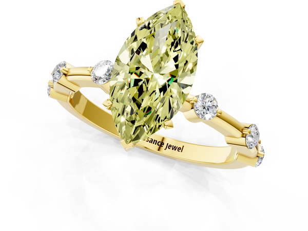 Yellow gold Fancy Yellow Marquise  Solitaire Diamond Ring with Bezel Set Side Stones and Prong Setting
