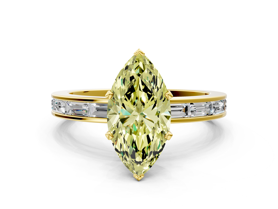 Yellow gold Fancy Yellow Marquise  Solitaire Diamond Ring with Channel-Set Baguette Band and Four-Prong Setting