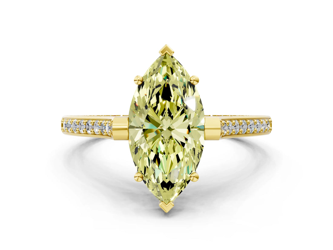Yellow gold Fancy Yellow Marquise  Solitaire Diamond Ring with Channel Set Band and Bezel Prong Setting_56