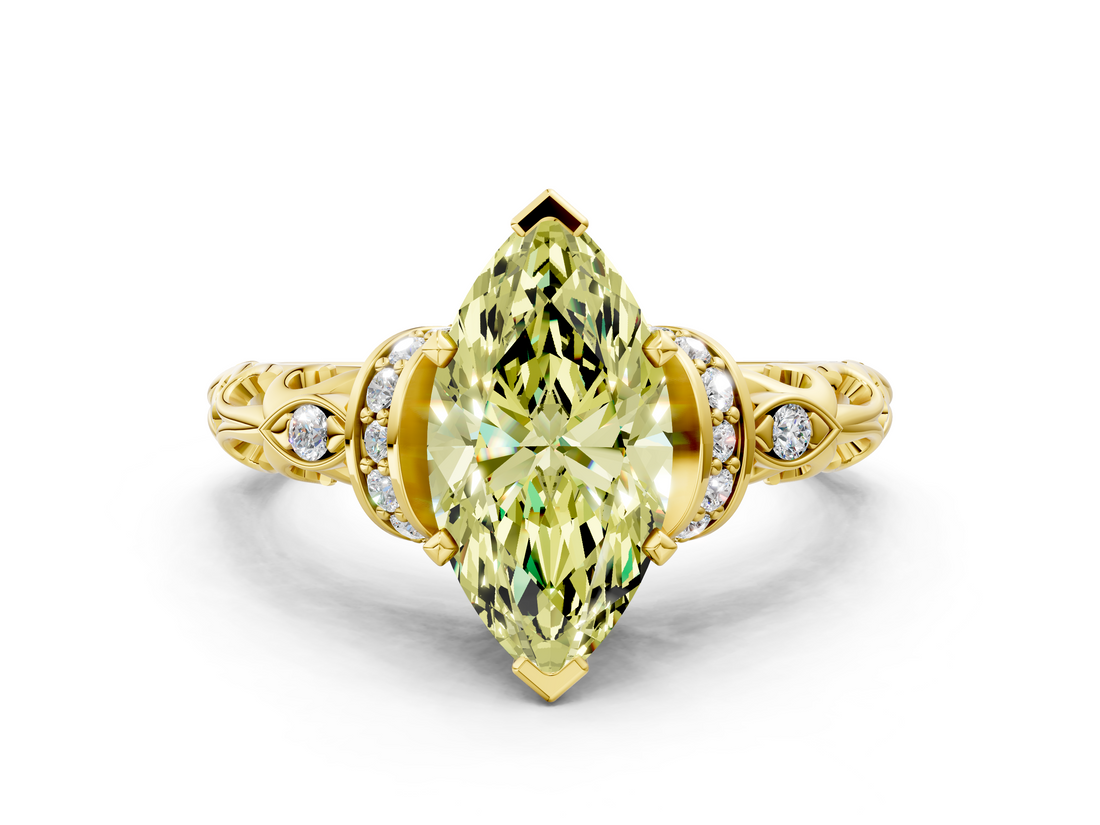 Yellow gold Fancy Yellow Marquise  Solitaire Diamond Ring with Filigree Band and Four-Prong Setting