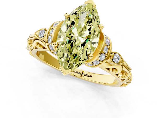 Yellow gold Fancy Yellow Marquise Cut Diamond Solitaire Ring with Filigree Band and Four-Prong Setting