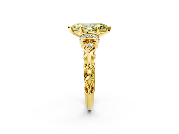 Yellow gold Fancy Yellow Marquise Cut Diamond Solitaire Ring with Filigree Band and Four-Prong Setting