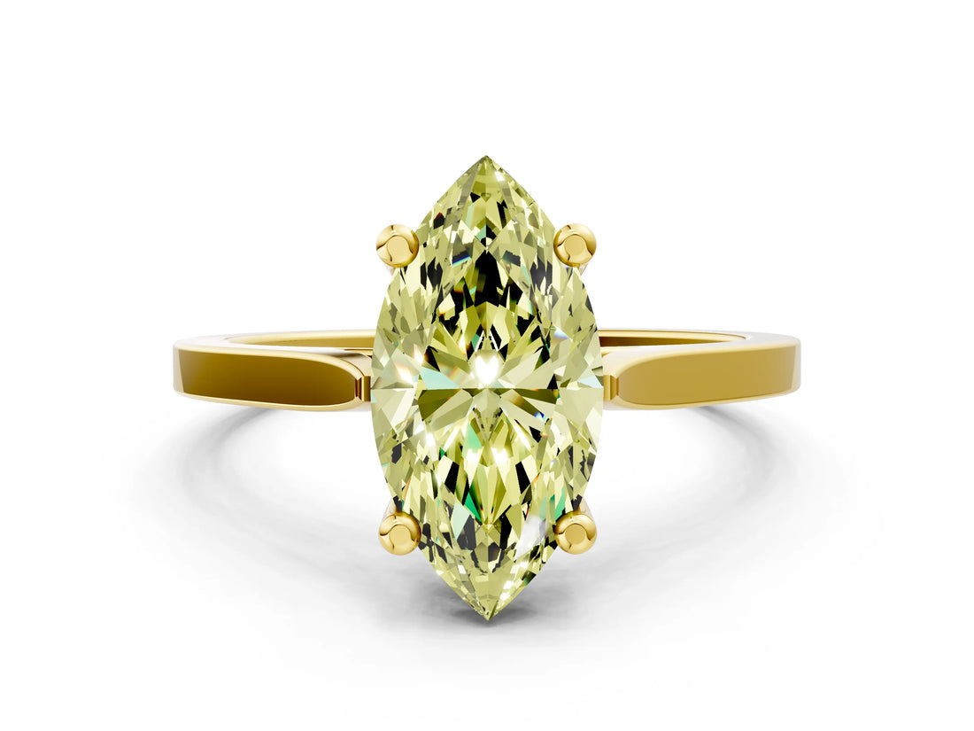 Yellow gold Fancy Yellow Marquise  Solitaire Diamond Ring with Four-Prong Setting and Tapered Band 1