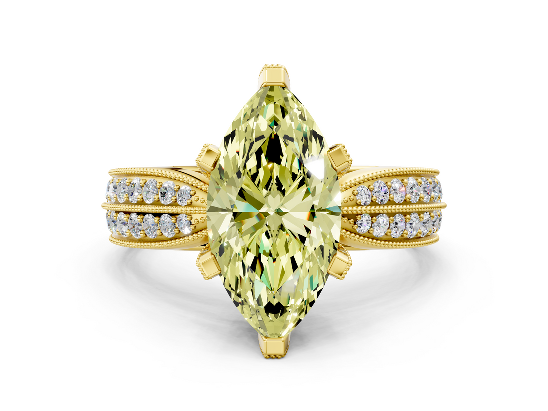 Yellow gold Fancy Yellow Marquise  Solitaire Diamond Ring with Milgrain Pavé Band and Four-Prong Setting_20