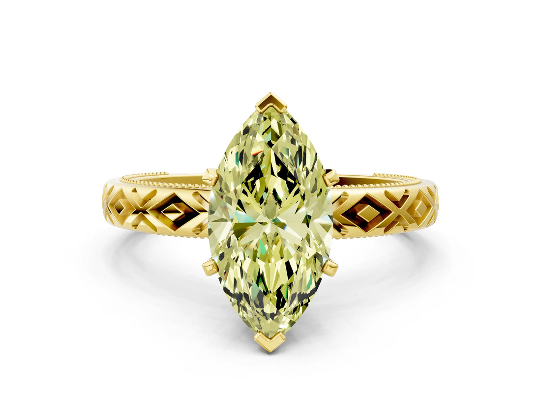 Yellow gold Fancy Yellow Marquise  Solitaire Diamond Ring with Milgrain and Black Enamel X Pattern Band_29