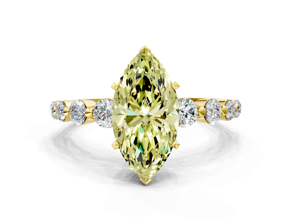 Yellow gold Fancy Yellow Marquise  Solitaire Diamond Ring with Pave Band and Four-Prong Setting