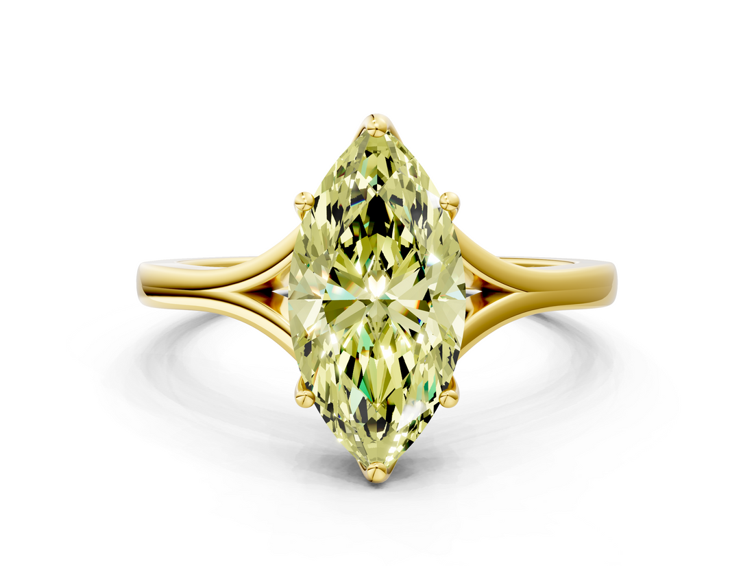 Yellow gold Fancy Yellow Marquise  Solitaire Diamond Ring with Six-Prong Setting and Tapered Band