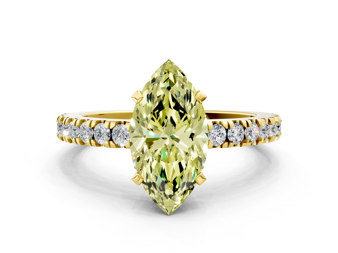 Yellow gold Fancy Yellow Marquise  Solitaire Diamond with Pavé Band and Four-Prong Setting