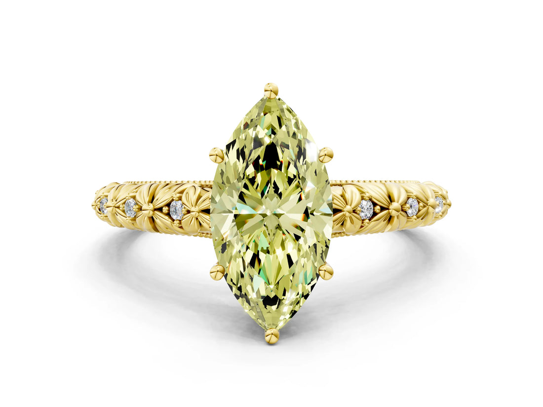 Yellow gold Fancy Yellow Marquise  Solitaire Floral Milgrain Engagement Ring_36