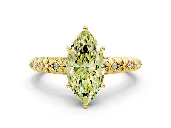 Yellow gold Fancy Yellow Marquise  Solitaire Floral Milgrain Engagement Ring