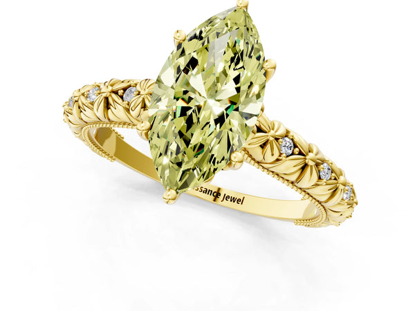 Yellow gold Fancy Yellow Marquise  Solitaire Floral Milgrain Engagement Ring