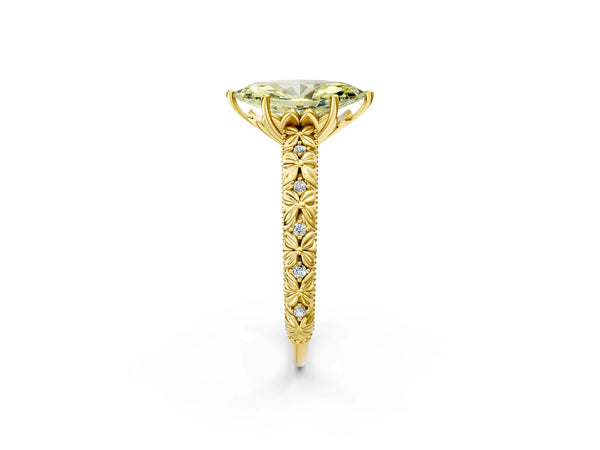 Yellow gold Fancy Yellow Marquise  Solitaire Floral Milgrain Engagement Ring