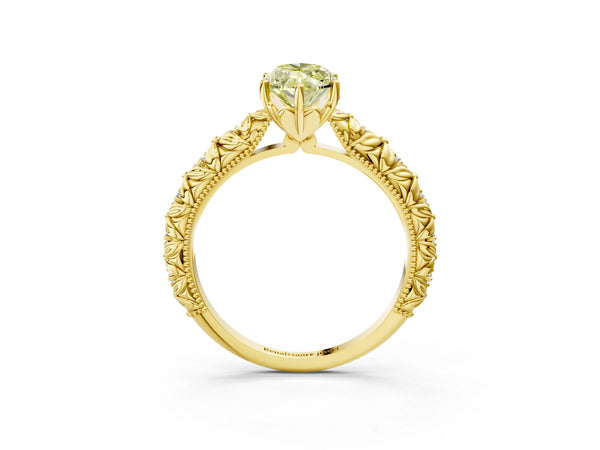 Yellow gold Fancy Yellow Marquise  Solitaire Floral Milgrain Engagement Ring