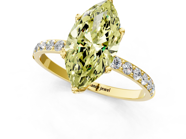 Yellow gold Fancy Yellow Marquise Cut Diamond Solitaire Engagement Ring with Round  Pavé Band and Prong Setting
