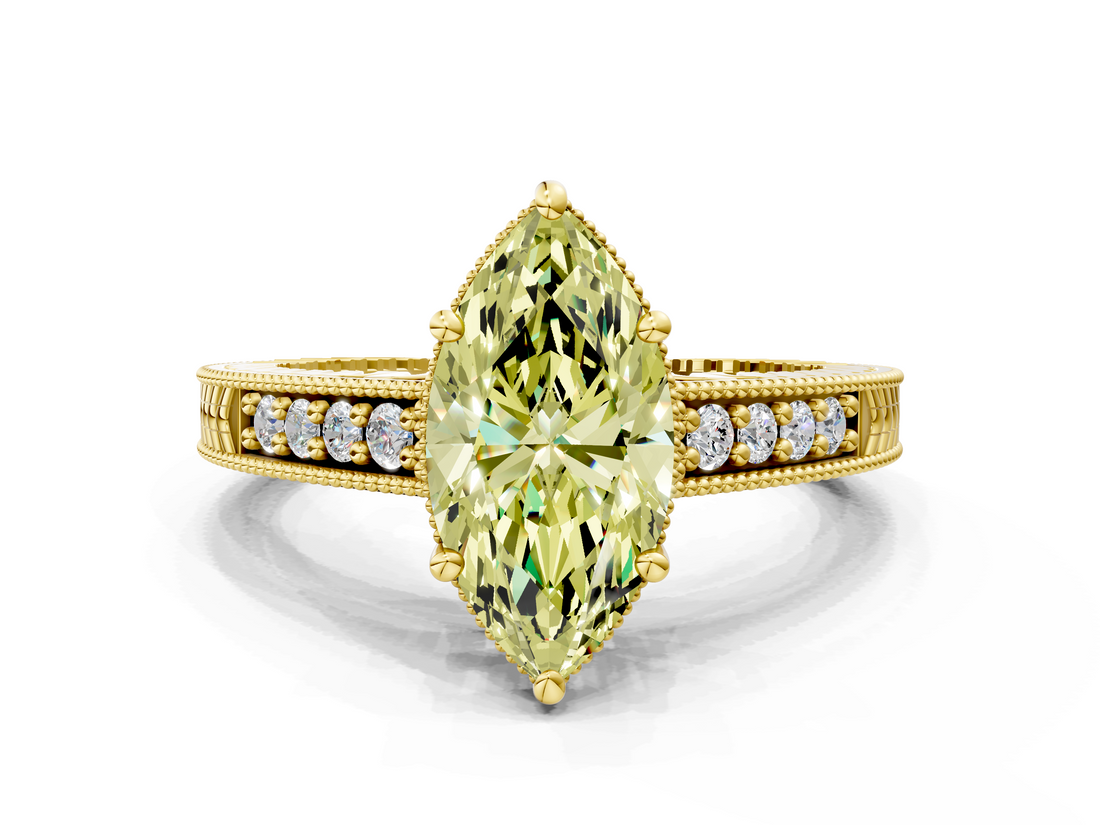 Yellow gold Fancy Yellow Marquise  Solitaire Pavé Diamond Milgrain Engagement Ring with Four-Prong Setting