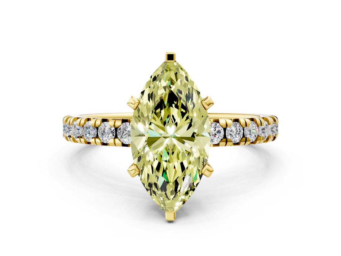 Yellow gold Fancy Yellow Marquise  Solitaire Pave Diamond Engagement Ring with Four-Prong Setting
