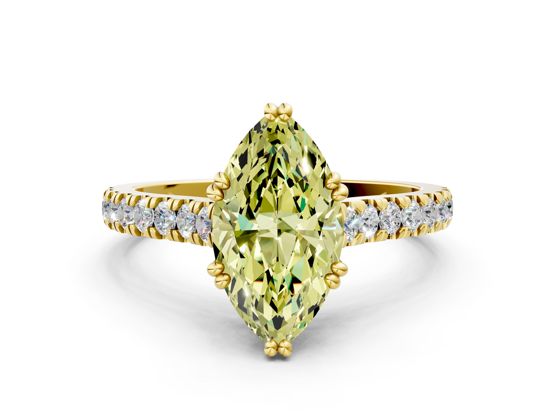 Yellow gold Fancy Yellow Marquise  Solitaire Pave Diamond Engagement Ring with Prong Setting